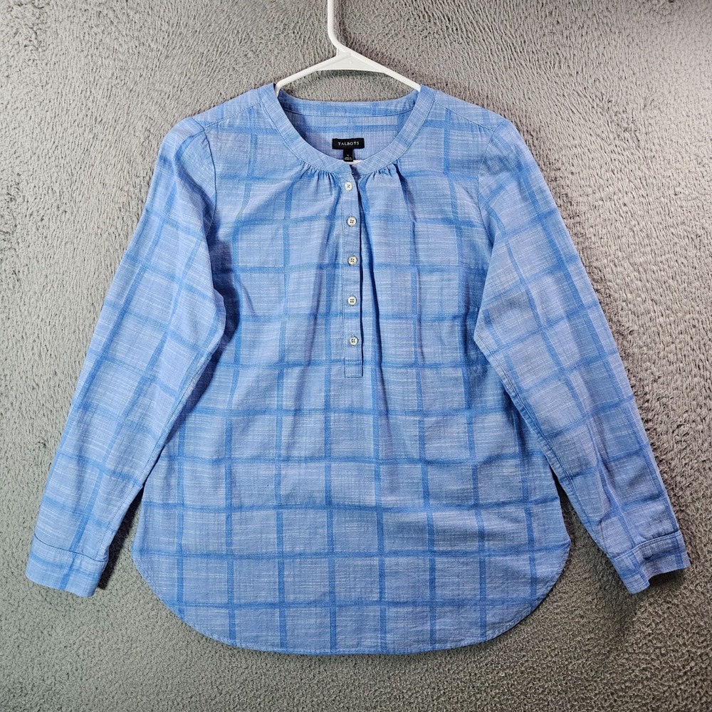Talbots Top Blouse Women Small Long Sleeve Light Blue Plaid 1/2 Button Cotton